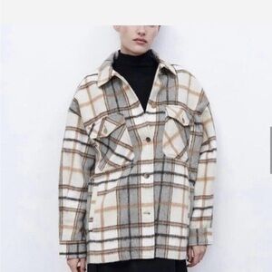 Zara Plaid Shirt Jacket in Cream, Gray & Brown